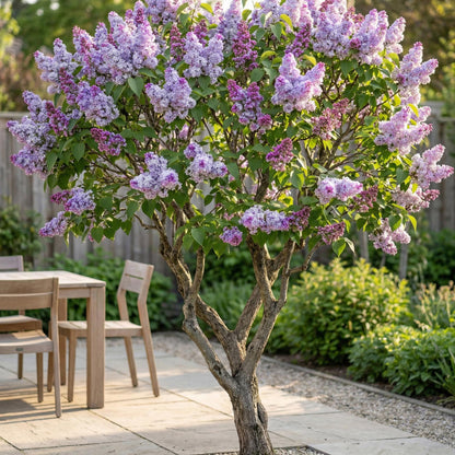 Lilas Michel Buchner en pleine floraison, avec ses panicules de fleurs violettes, dans un jardin avec une table et des chaises en arrière-pl