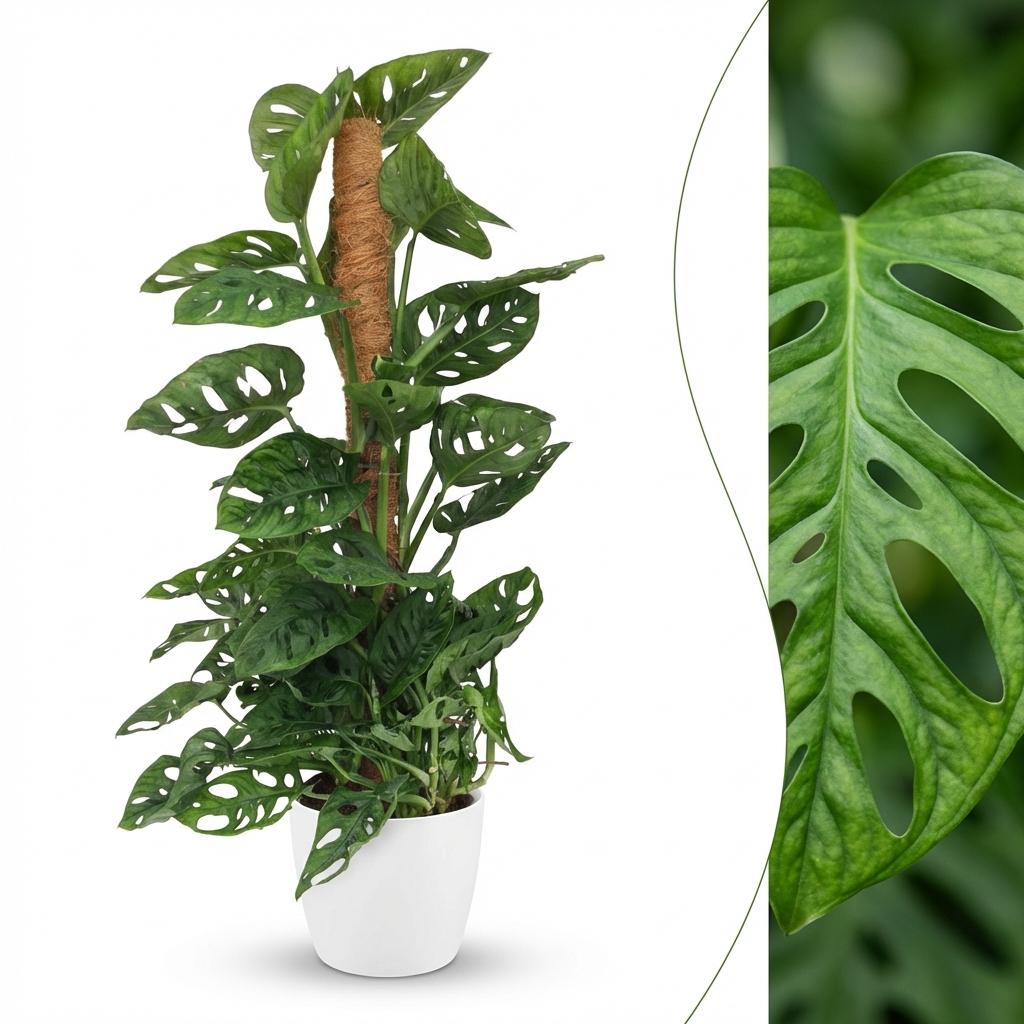 Plante d'intérieur - Monkey Mask - Monstera Adansonii sur Tuteur Mousse - Vert - Entretien facile - 1 Plante - avec Pot Blanc - Pot 19cm - Hauteur 90cm