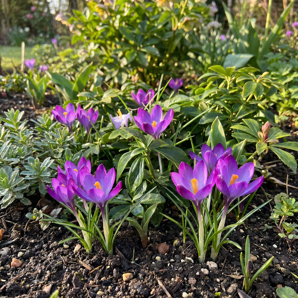 Plusieurs crocus 'Ruby Giant' violets éclos au milieu de la terre et de la végétation du jardin