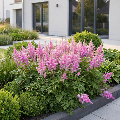Astilbe chin. Pumila en fleurs roses, intégrée dans un jardin paysager contemporain, créant une touche de couleur vive près d'une maison mod