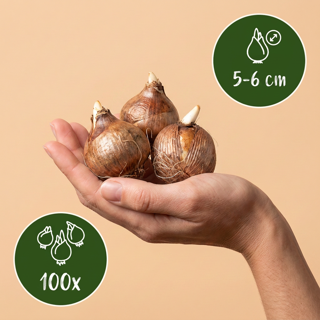 Bulbes de Crocus botaniques en mélange tenus dans une main, calibre 5-6 cm, lot de 100 bulbes.