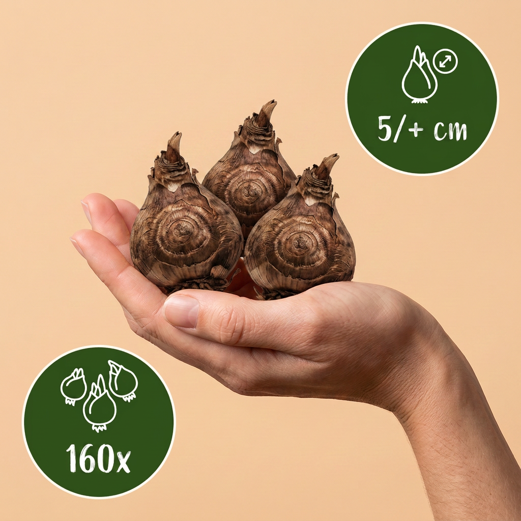 Bulbes de Freesia Double en mélange tenus dans une main, lot de 160 bulbes.