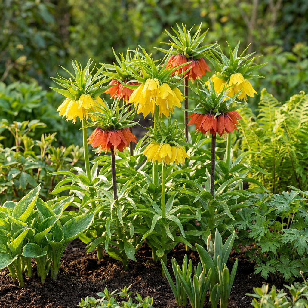 Massif de fritillaires impériales en mélange, aux fleurs jaunes et oranges, dans un jardin printanier.