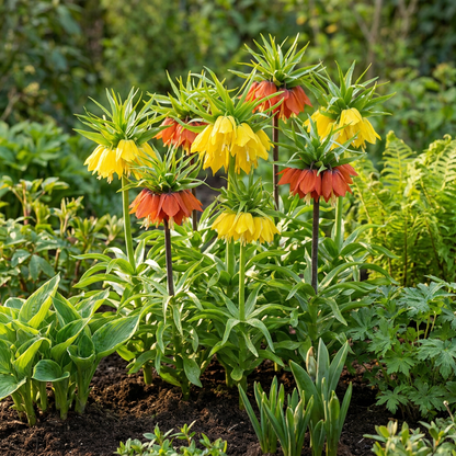 Massif de fritillaires impériales en mélange, aux fleurs jaunes et oranges, dans un jardin printanier.