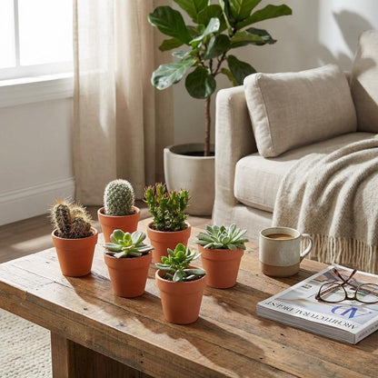 Un Mini Mélange de Cactus et Succulentes variées dans des pots en terre cuite de 8cm posé sur une table basse en bois dans un salon lumineux