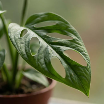 Gros plan sur une feuille verte de Monstera Adansonii avec des perforations naturelles, dans un pot de 12cm