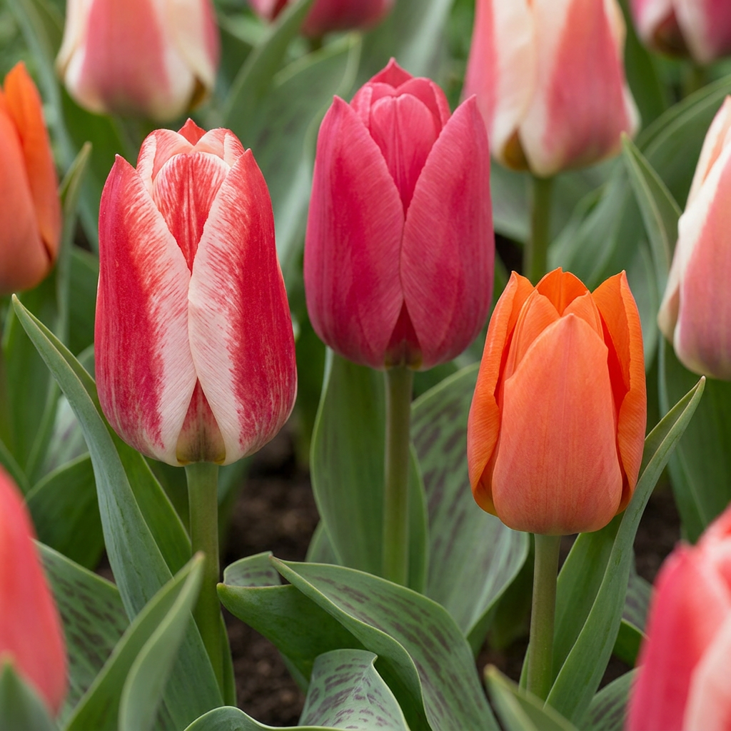 Massif de Tulipes Greigii en mélange avec des fleurs rouges, roses et oranges et des feuilles tigrées.