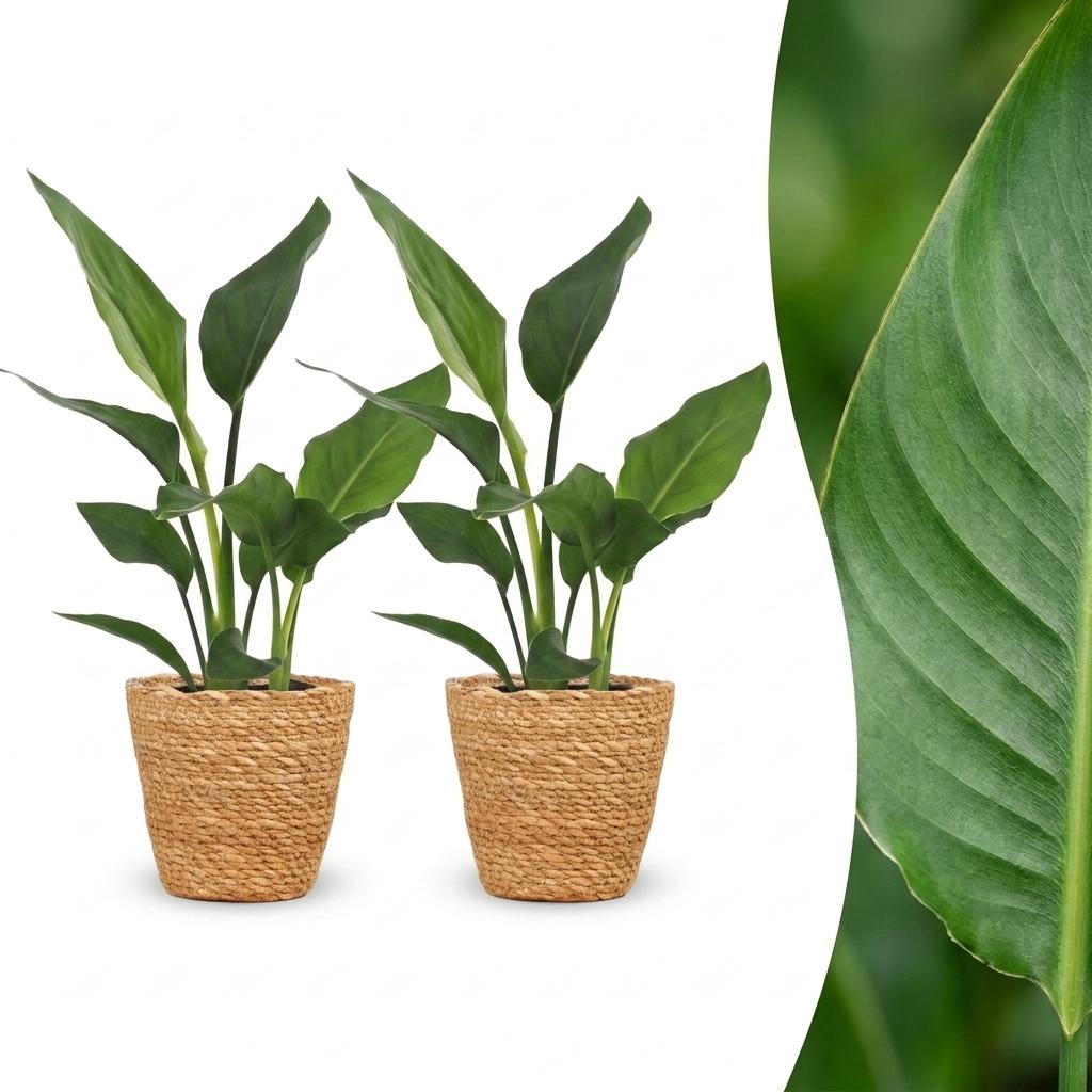 Deux Strelitzia Reginea avec un feuillage vert foncé et un pot de 12cm, chacun dans un élégant cache-pot en panier tressé de couleur