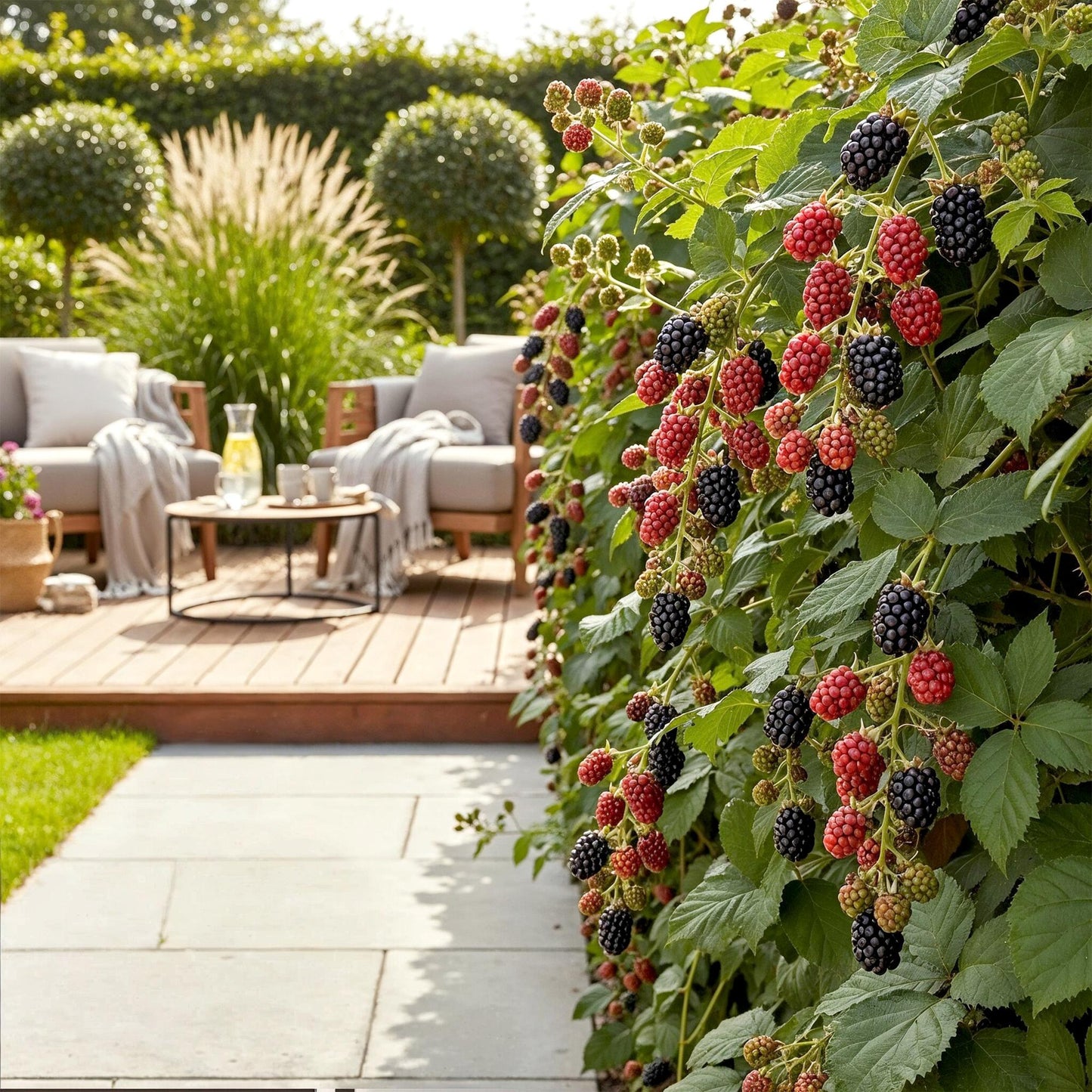 Ronce sans épines Rubus Thornfree avec des mûres noires et rouges, servant de haie à côté d'une terrasse en bois avec salon de jardin.