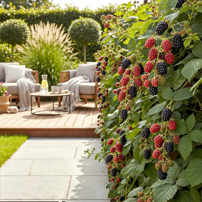 Ronce sans épines Rubus Thornfree avec des mûres noires et rouges, servant de haie à côté d'une terrasse en bois avec salon de jardin.