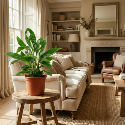 spatiphyllum en pot de 19cm sur un mobilier en bois