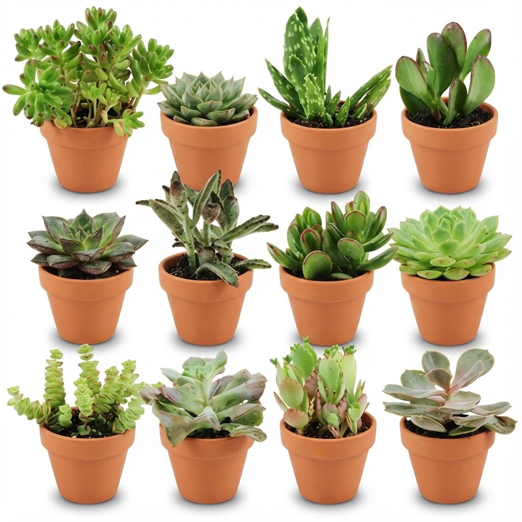 Douze pots en terre cuite de différentes mini mélanges de succulentes, aux feuillages variés, verts et charnus