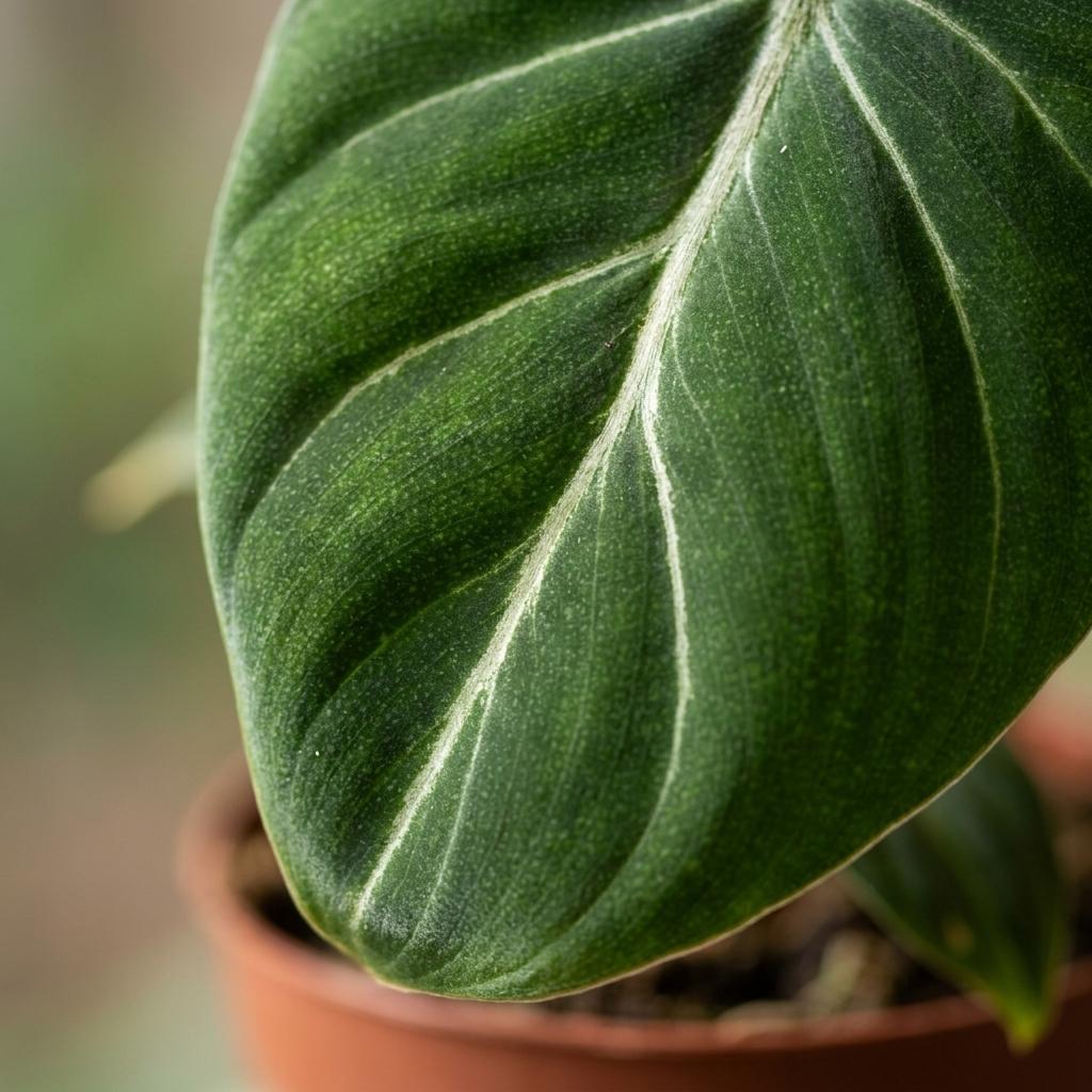 Gros plan sur la feuille veloutée d'un Philodendron Gloriosum, vert foncé avec de fines nervures blanches