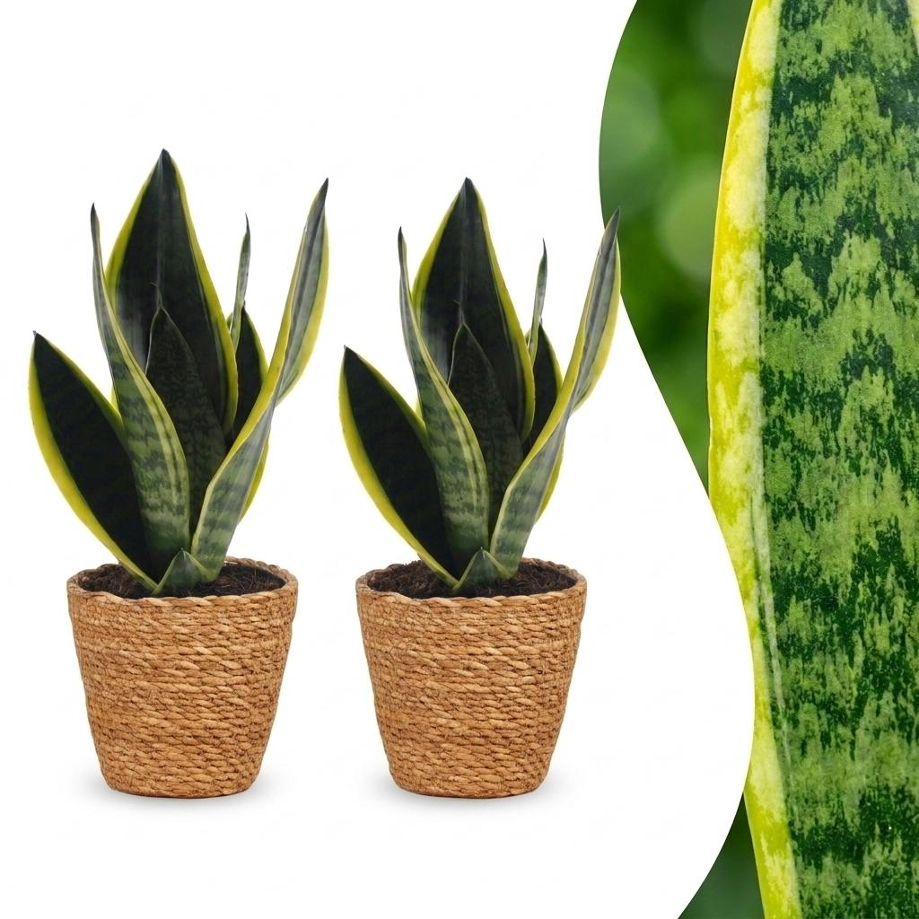 Deux Sansevieria Futura Superba avec des feuilles vertes panachées de jaune, présentées dans des cache-pots Panier tressés