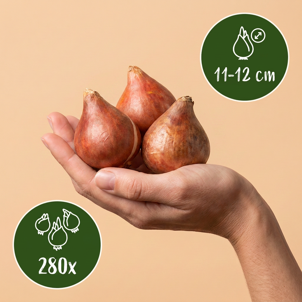 Bulbes de Tulipe Triumph en mélange tenus dans une main, calibre 11-17 cm, lot de 280 bulbes.