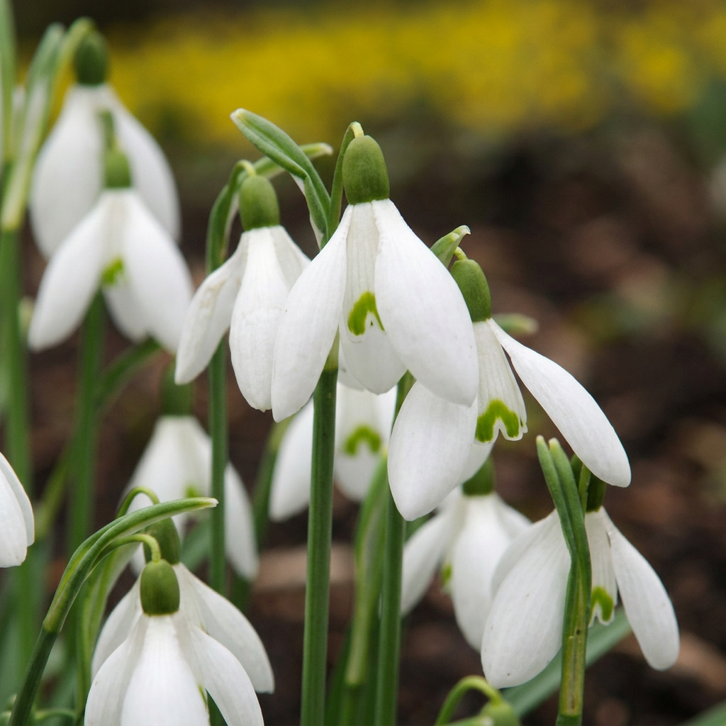 Perce-neige géant (Galanthus) en fleur avec des pétales blancs et un cœur vert.
