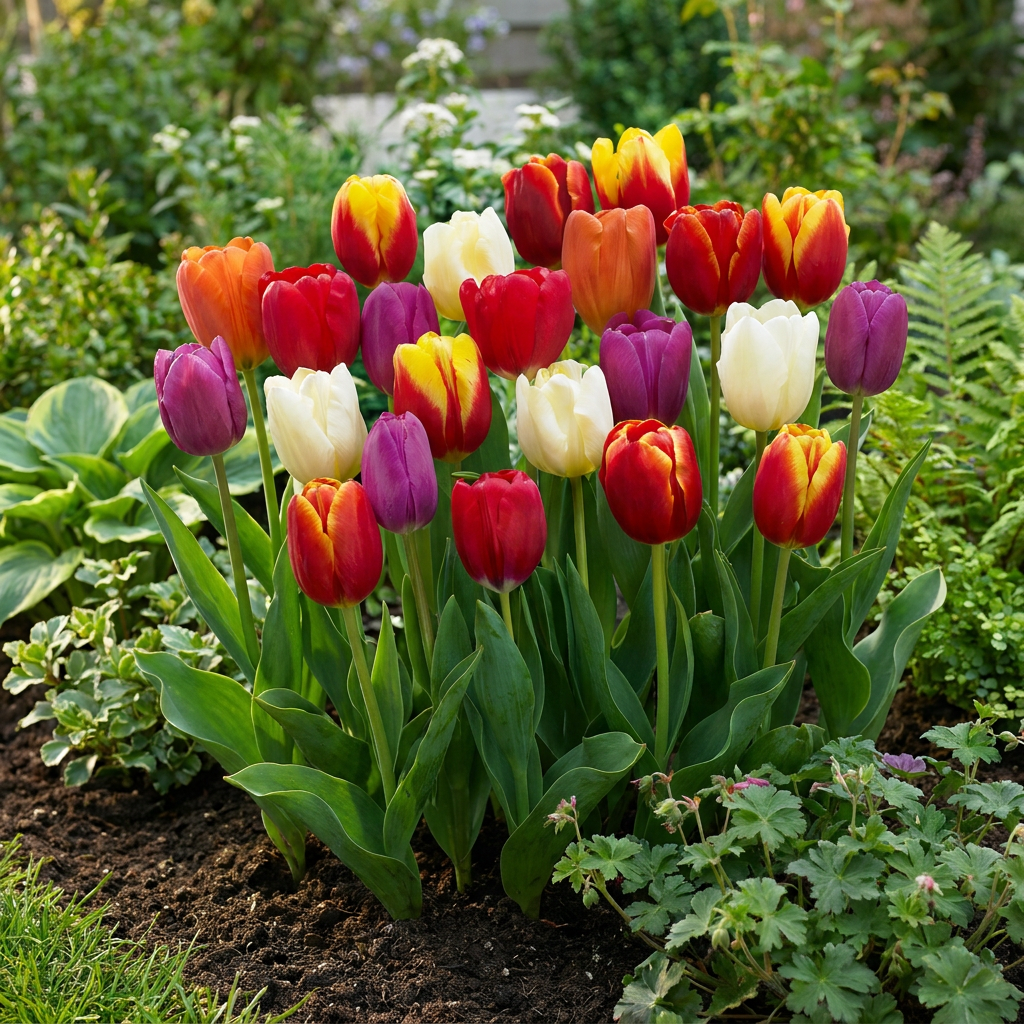 Massif de tulipes Triumph aux couleurs vives et variées : rouges, jaunes, oranges, blanches et violettes.