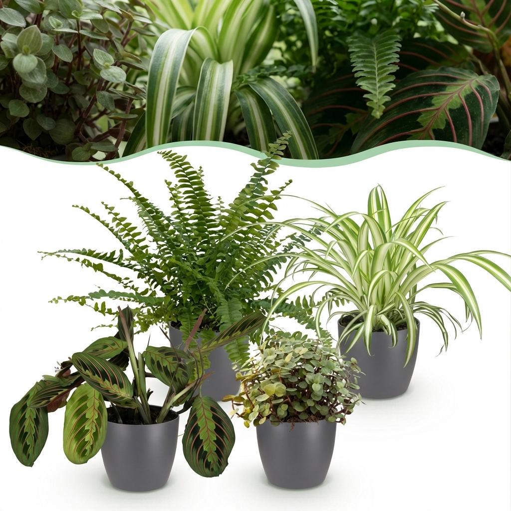 Plante d'intérieur - Chlorophytum - Maranta - Calissia - Nephrolepsis - Mix de 4 - Plantes Amicales pour Animaux - Vert - 4 Plantes - avec Pot Gris - Pot 12cm - Hauteur 25cm