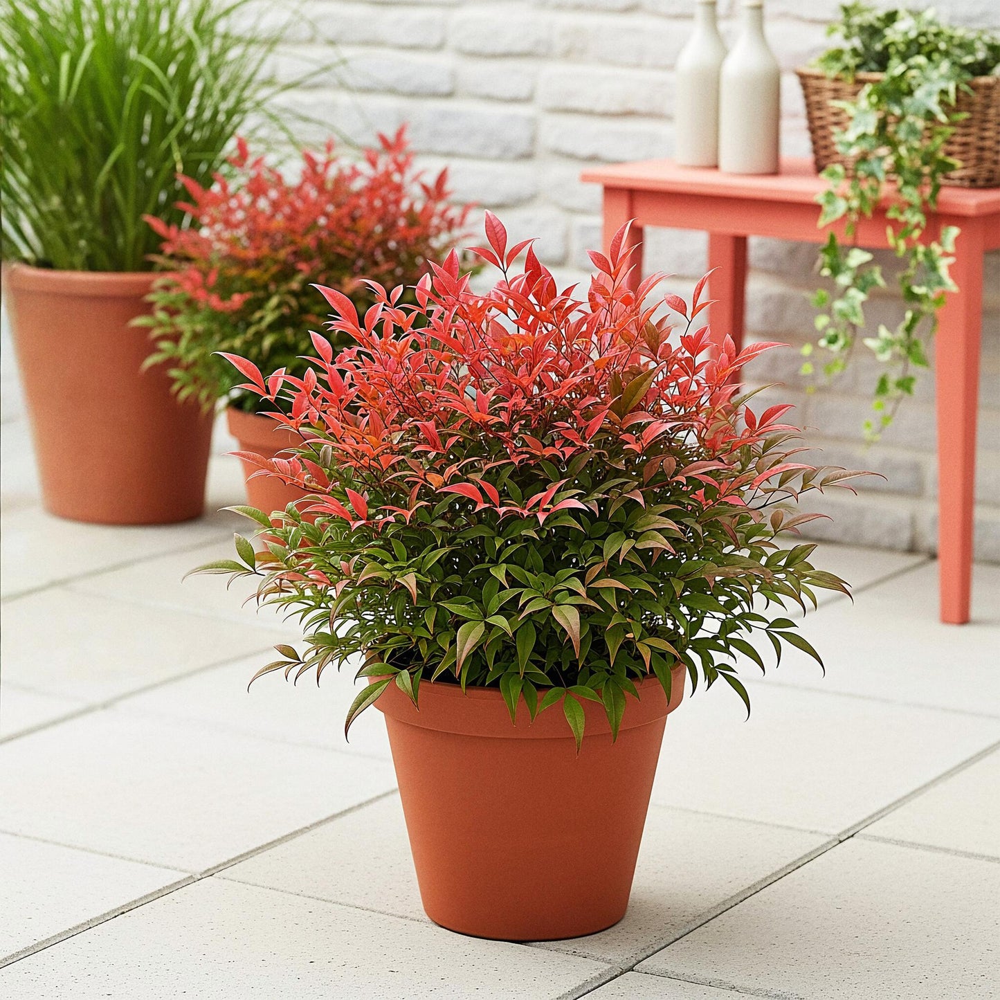 Nandina Obsessed, arbuste aux feuilles rouges vives et vertes dans un pot marron, posé sur une terrasse ensoleillée.