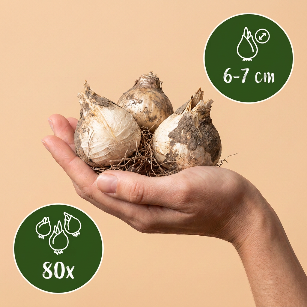 Bulbes d'Ail d'ornement 'Ping Pong' tenus dans une main, calibre 6-7 cm, lot de 80 bulbes.