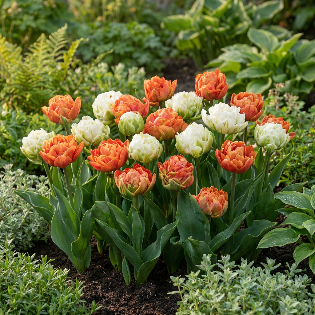 Massif de tulipes 'Candle Light' aux fleurs doubles orange et blanches dans un jardin.