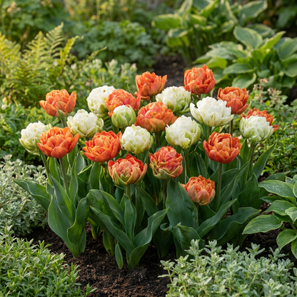 Massif de tulipes 'Candle Light' aux fleurs doubles orange et blanches dans un jardin.