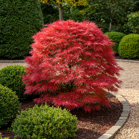 Érable japonais Acer palmatum Shaina, aux feuilles rouge éclatant, planté dans un massif entouré de graviers et de buis. Superbe en automne.