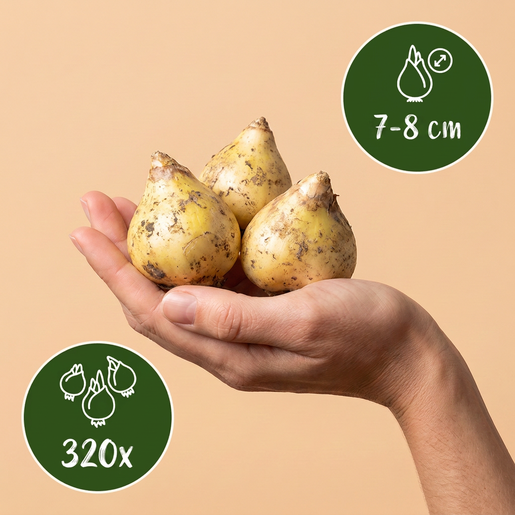 Bulbes de Jacinthe des bois d'Espagne en mélange tenus dans une main, calibre 7-8 cm, lot de 320 bulbes.