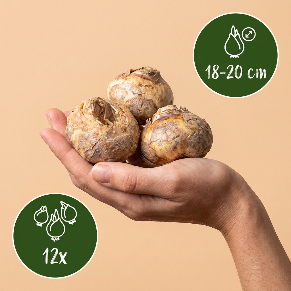 Bulbes de Fritillaire impériale en mélange tenus dans une main, calibre 18-20 cm, lot de 12 bulbes.