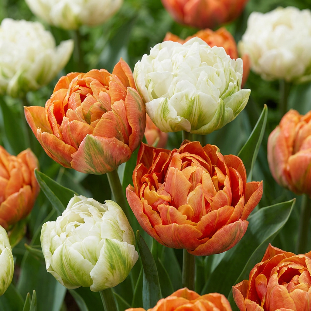 Massif de tulipes 'Candle Light' aux fleurs doubles et volumineuses, blanches et orange tigrées de vert.