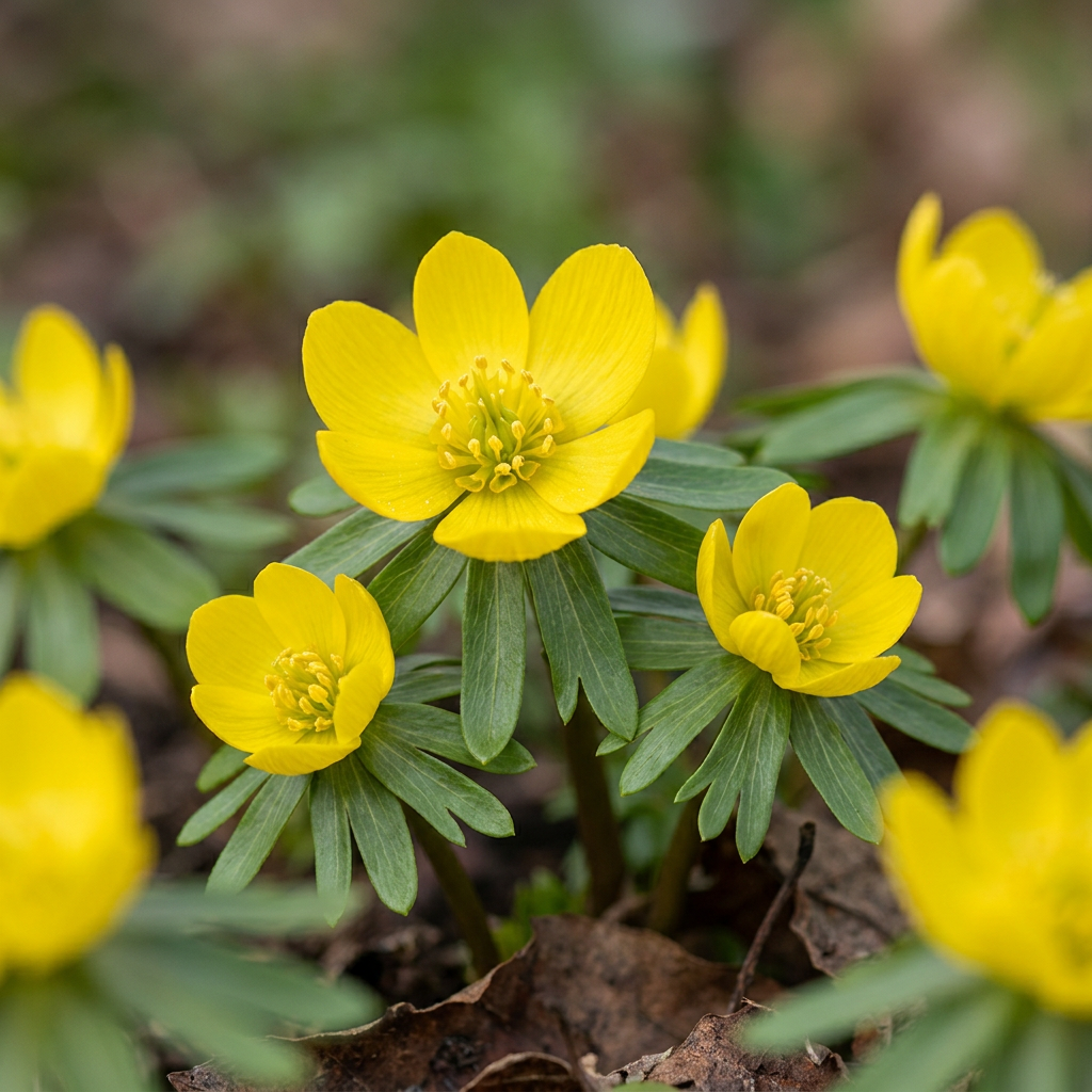 Massif de fleurs d'Éranthe d'hiver Cilicica jaunes éclatantes au printemps.