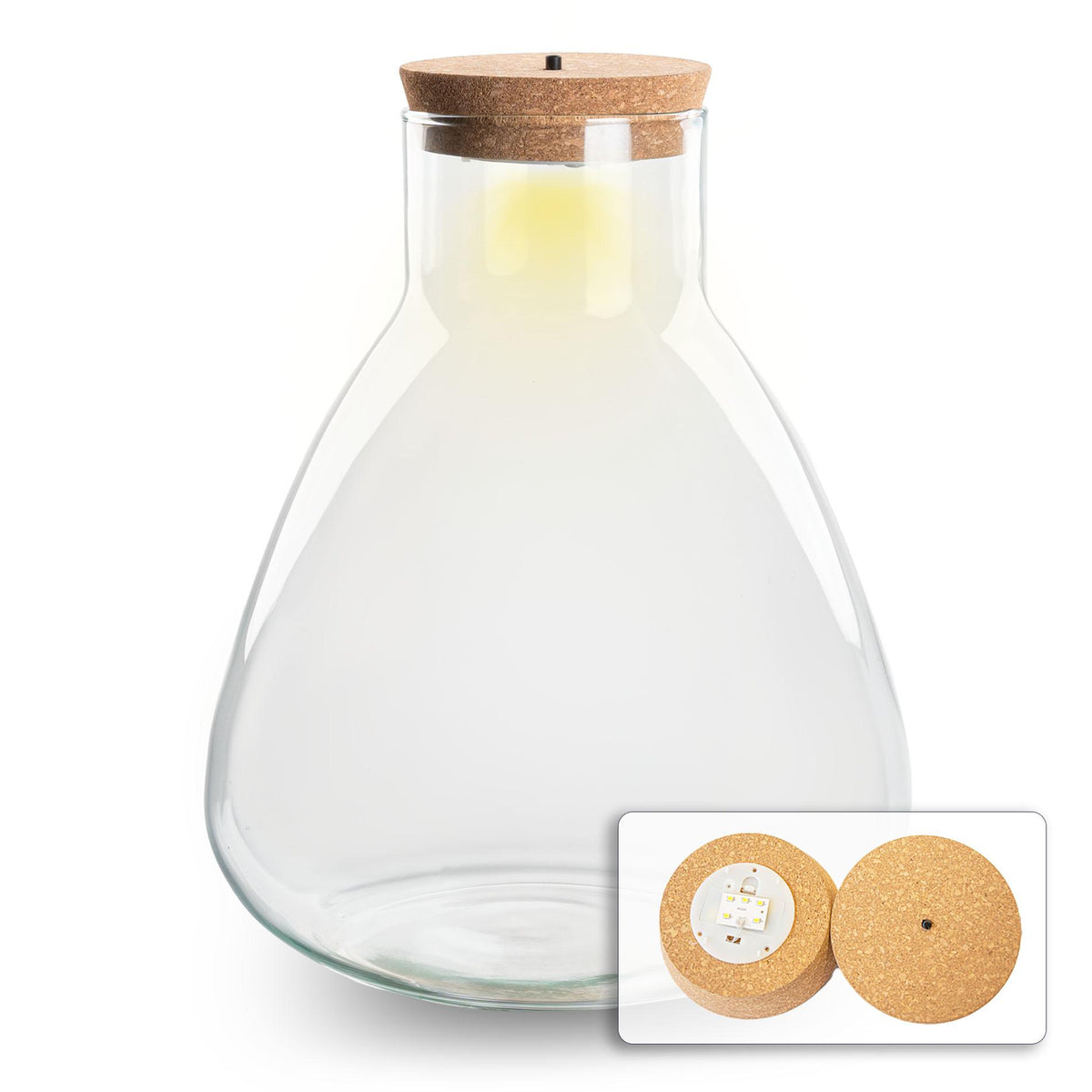 Bouteille terrarium Erlenmeyer en verre recyclé avec bouchon LED, 2 tailles