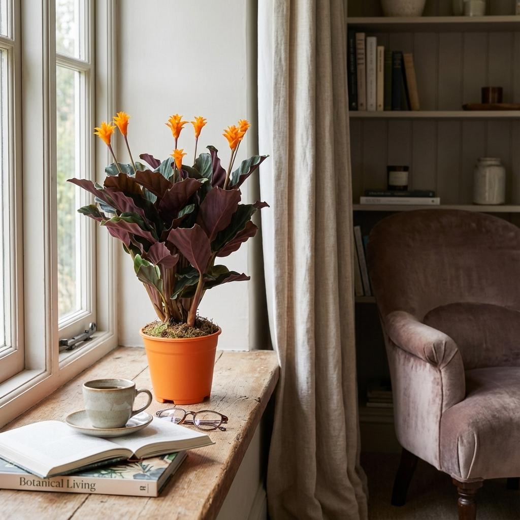 Un magnifique Calathea Crocata avec ses fleurs orange vif et son feuillage pourpre foncé, dans un pot orange uni, posé sur un rebord de