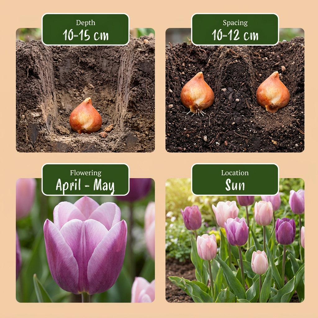 Guide de plantation des bulbes de tulipe Macaron, avec profondeur, espacement, floraison et exposition au soleil.