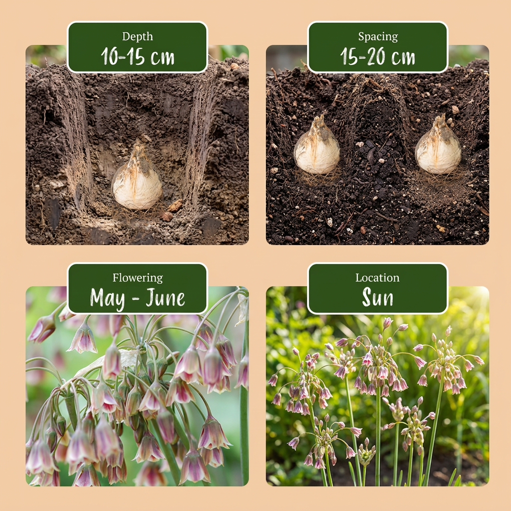 Guide de plantation des bulbes d'Ail de Sicile (Allium) : profondeur, espacement, floraison (mai-juin) et exposition