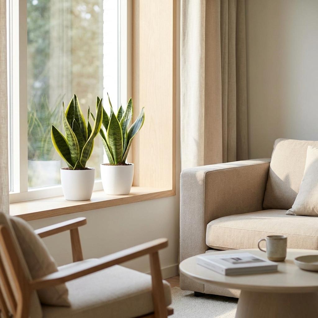 Deux Sansevieria Futura Superba, aussi appelées langue de belle-mère, avec un feuillage vert bordé de jaune, sont placées dans des pots