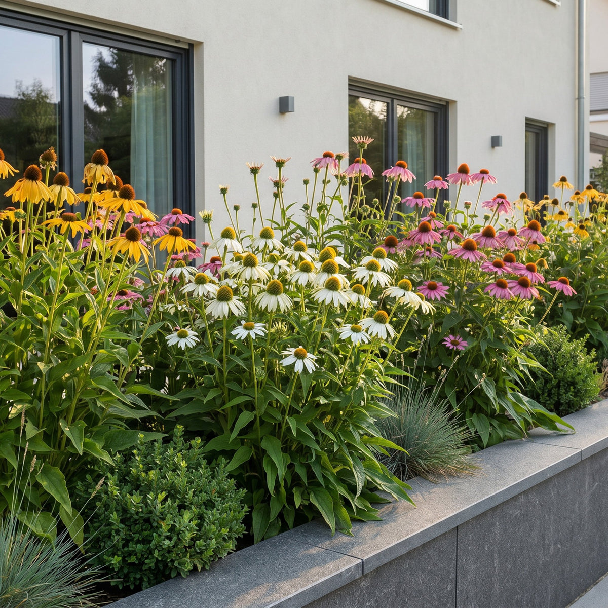 Échinacées en mélange au jardin, Echinacea