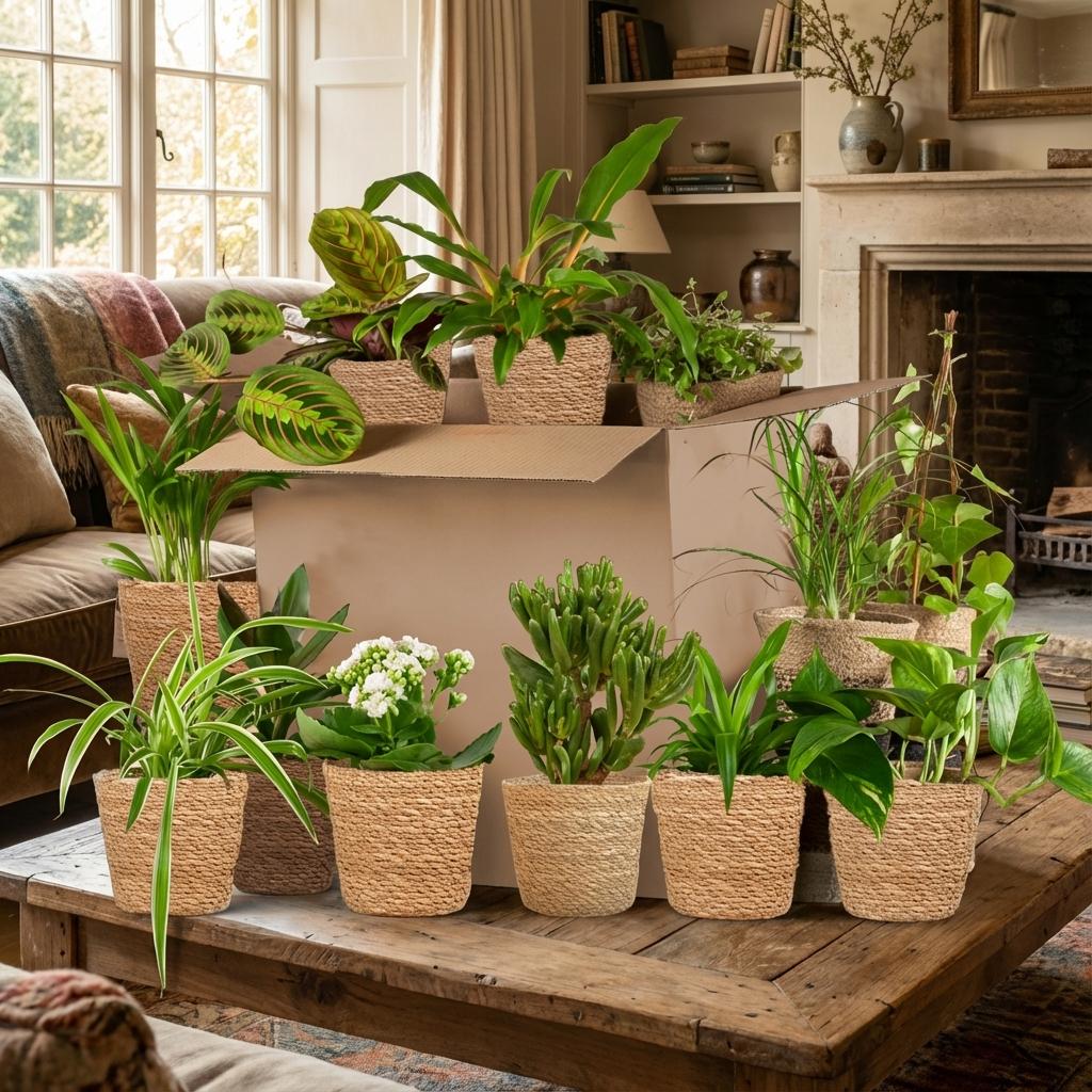 Grande variété de Box plantes Deuxième Chance, chacune dans un cache-pot en fibre naturelle, disposées dans un salon chaleureux avec une