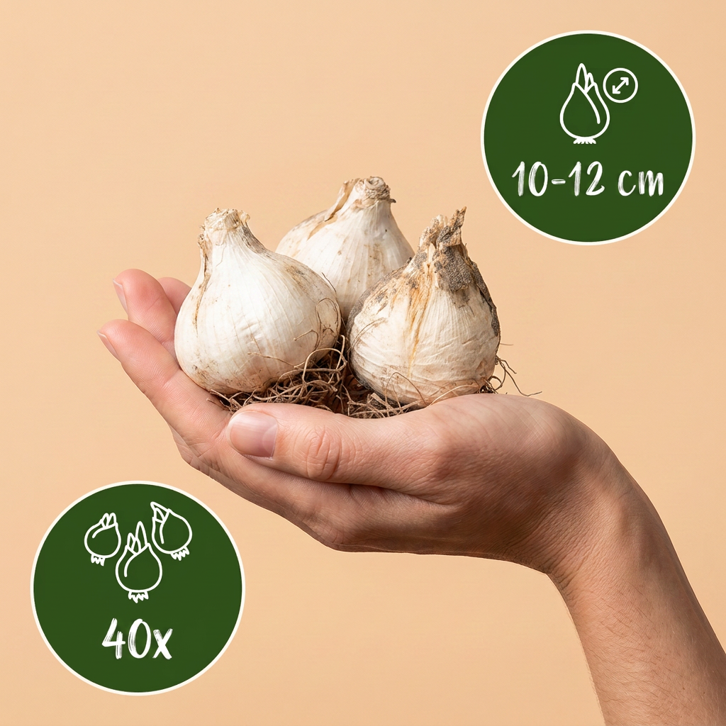 Bulbes d'Ail de Sicile tenus dans une main, calibre 10-12 cm, lot de 40 bulbes.