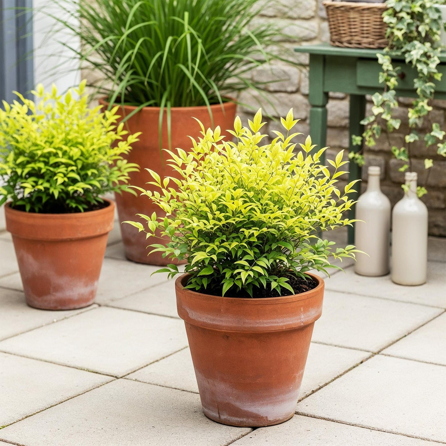 Nandina Lemon & Lime : trois plants en pots en terre cuite sur une terrasse, avec d'autres plantes et un mur en pierre en arrière-plan.
