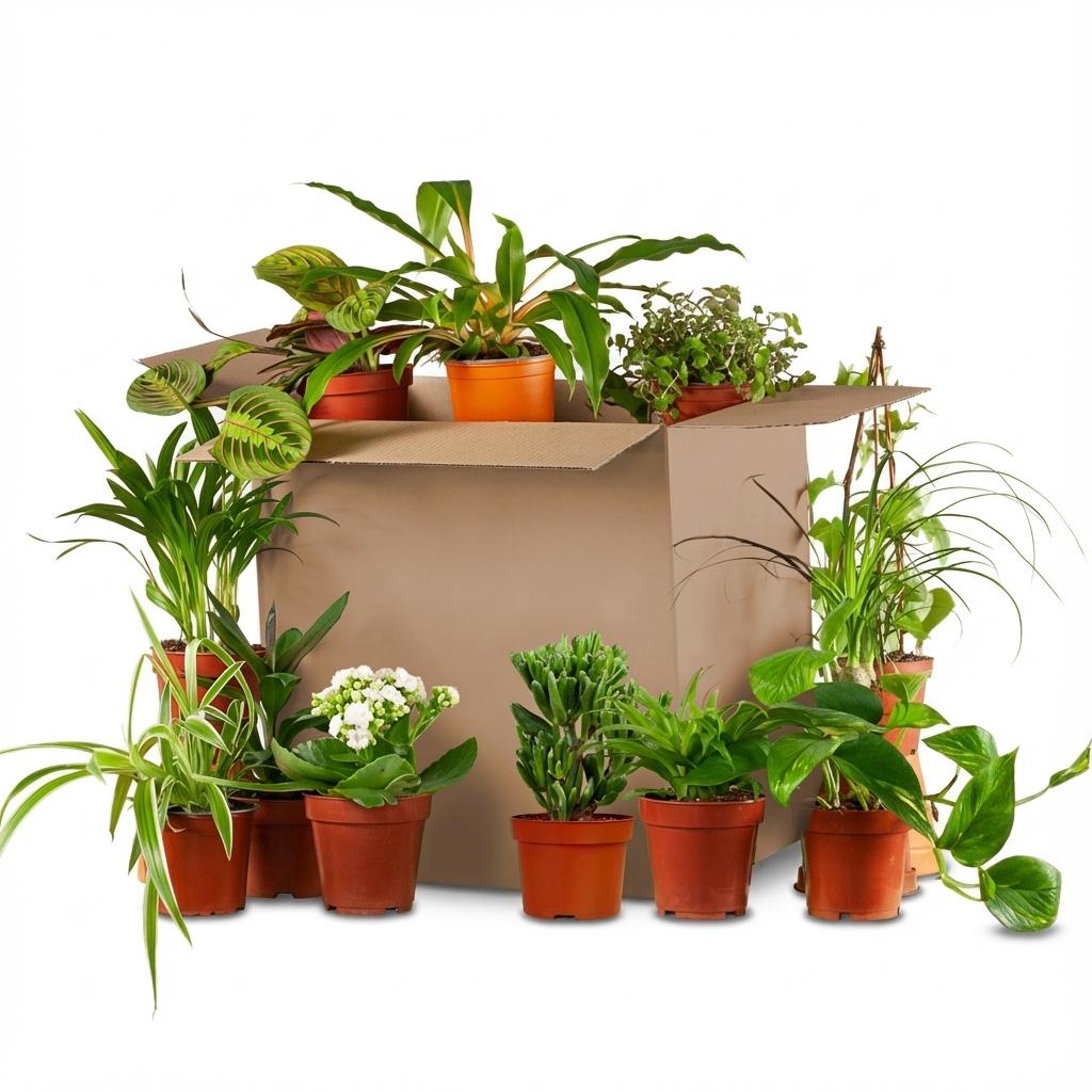 Grande variété de 12 plantes d'intérieur vertes et fleuries en pots de culture, sortant d'une grande boîte en carton