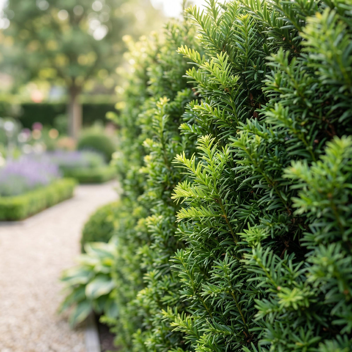Taxus baccata. Gros plan sur le feuillage vert dense et élégant d'une haie d'ifs en situation, délimitant une allée de jardin en gravier.