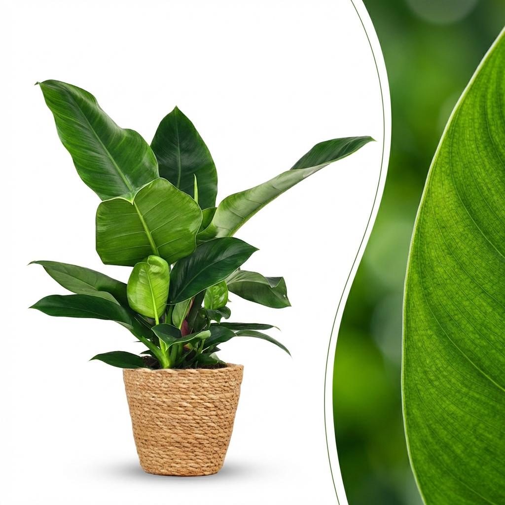 Plante d'intérieur - Philodendron - Philodendron Imperial Green - Vert - Entretien facile - 1 Plante - avec Panier - Pot 19cm - Hauteur 65cm