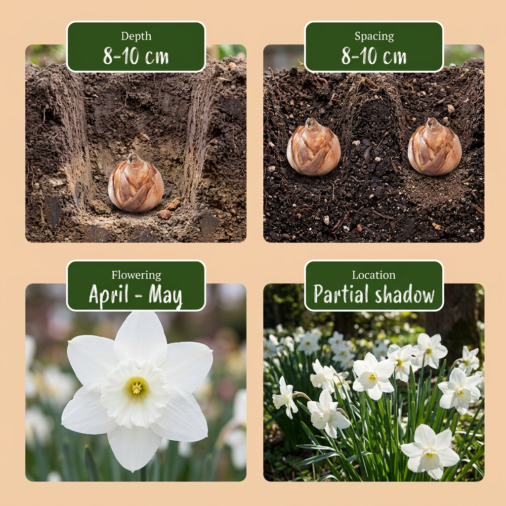Guide de plantation des bulbes de Narcisse Triandrus 'Thalia' avec profondeur, espacement, floraison et exposition.