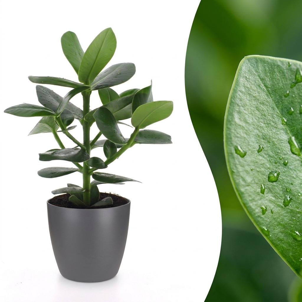 Une plante Clusia Princess luxuriante avec des feuilles vertes brillantes et humides, présentée dans un élégant cache-pot gris