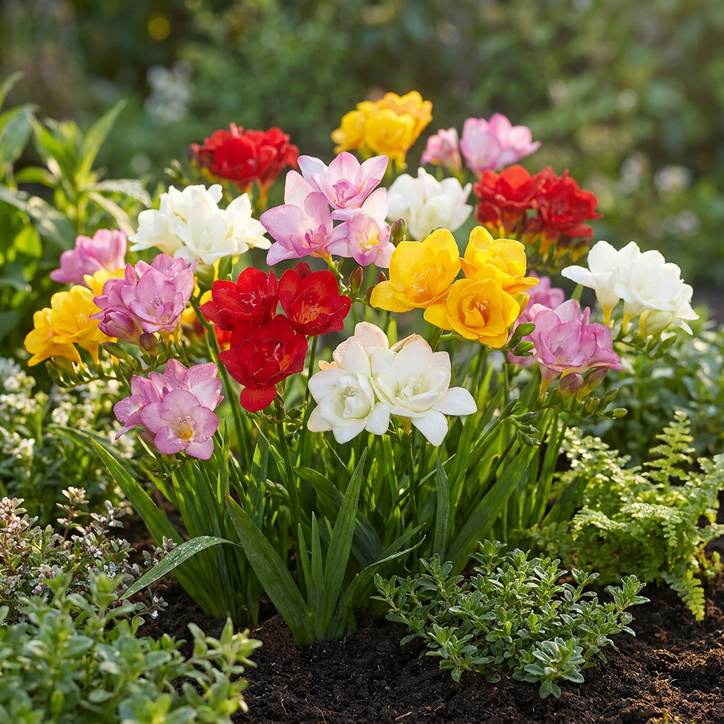 Massif de Freesias Doubles en mélange, aux fleurs épanouies de couleurs variées (rouge, jaune, rose, blanc).