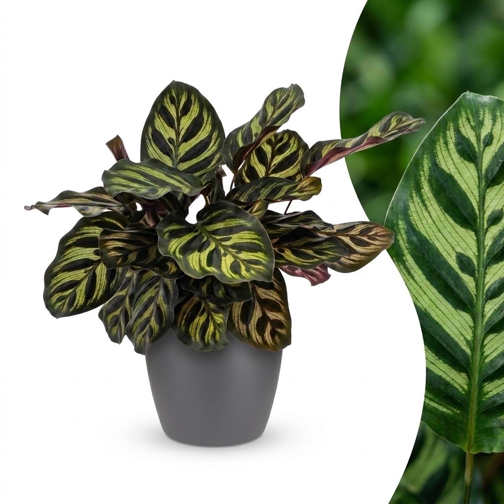 Une élégante Calathea Makoyana, surnommée Plante Paon, avec son feuillage panaché de vert clair et foncé, présentée dans un cache-pot gris