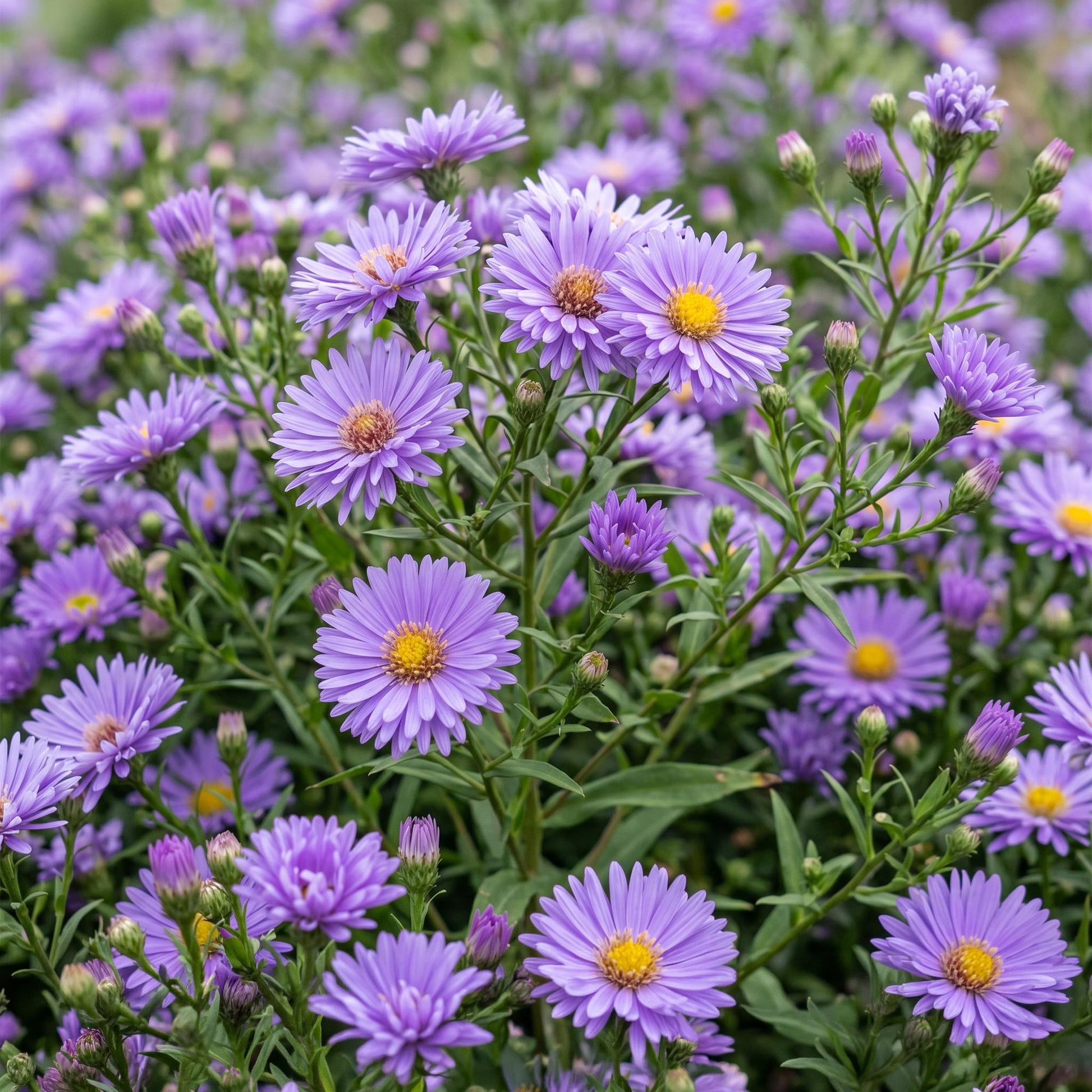 Aster 'Méditerranée'. Gros plan sur de multiples fleurs violettes à cœur jaune d'Aster maritime, avec leur feuillage vert luxuriant.