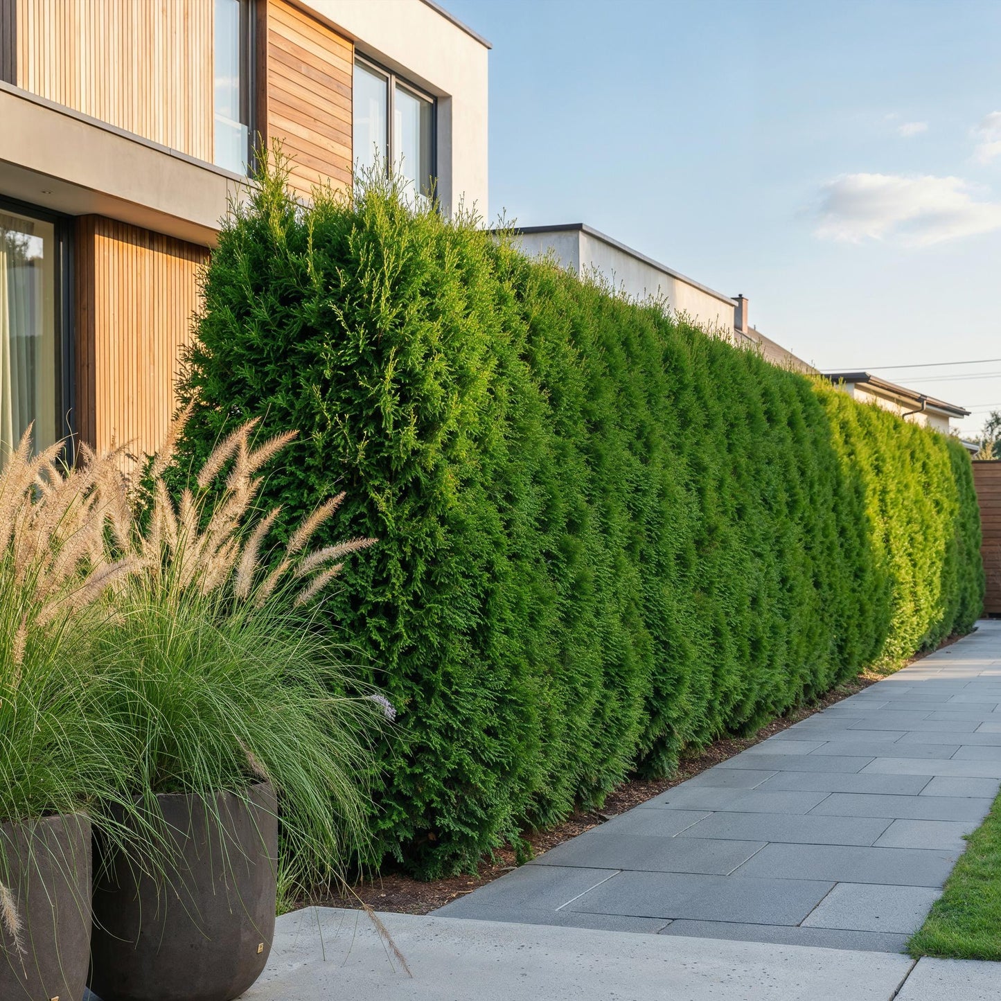 Thuja occidentalis Smaragd en haie dense et verte le long d'une maison moderne à bardage bois et d'une allée dallée.