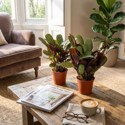 Deux Ctenanthe Amagris sont posées dans leurs pots bruns sur une table basse en bois rustique dans un salon ensoleillé